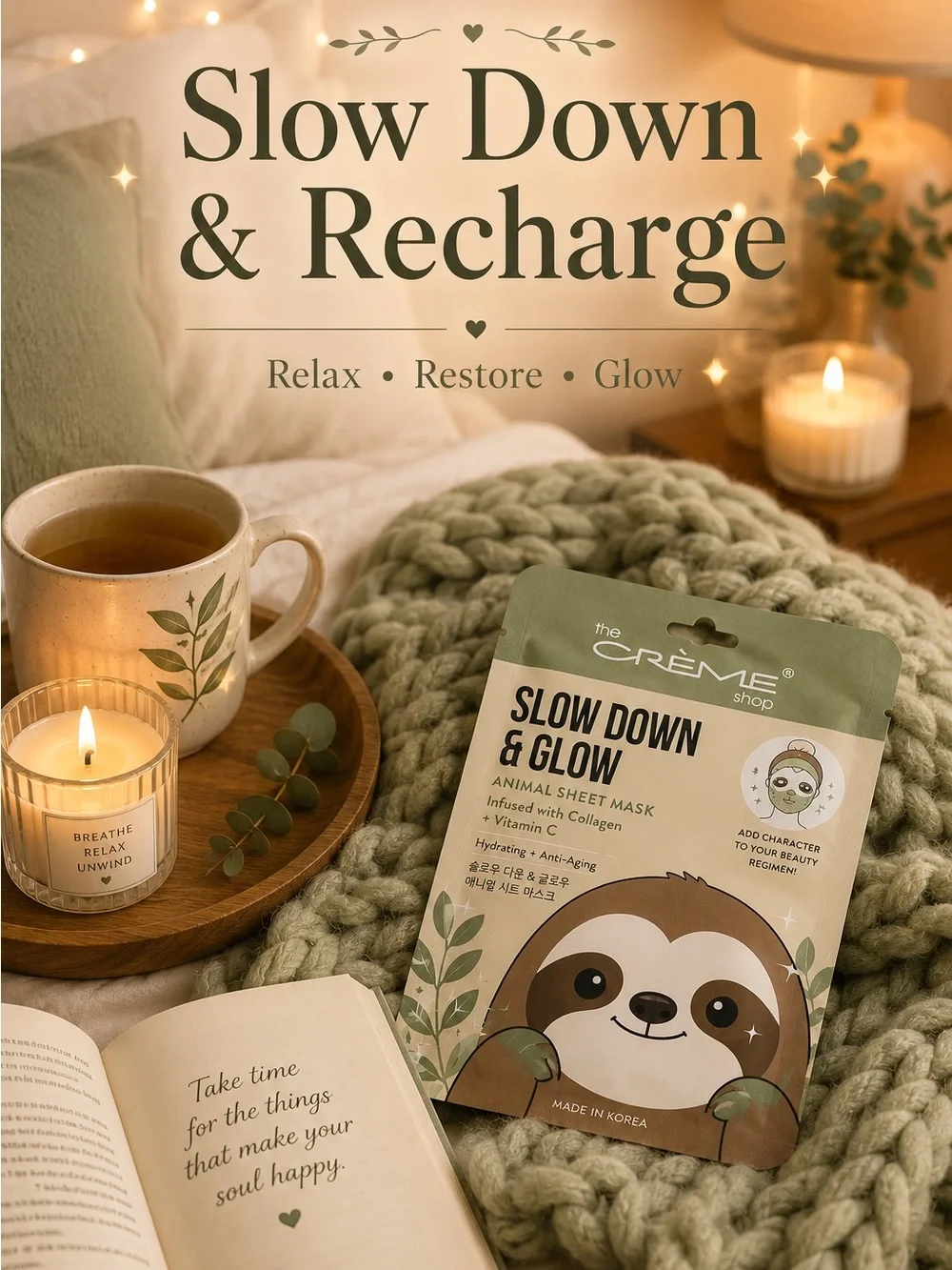 The Crème Shop Slow Down & Glow Sloth Sheet Mask | Collagen + Vitamin C